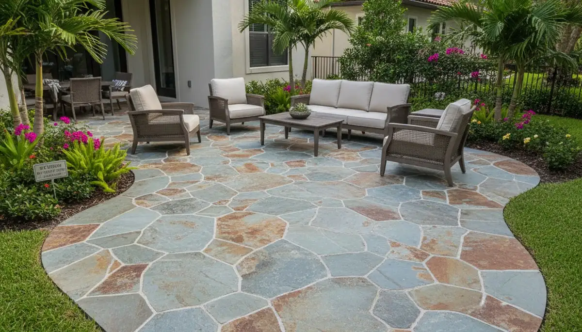 Modern large stone slab patio installation by Chop Chop Landscaping in St Petersburg, FL