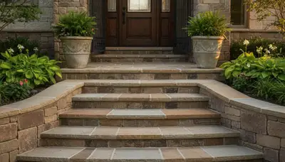 Stone paver entry steps with precise risers by Chop Chop Landscaping in St Petersburg, FL